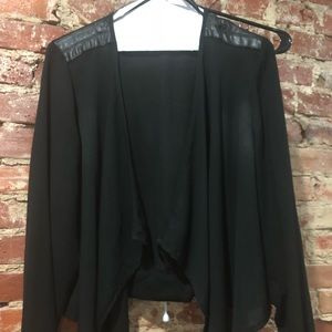 Black Sheet Cardigan with Leather Shoulder Patches